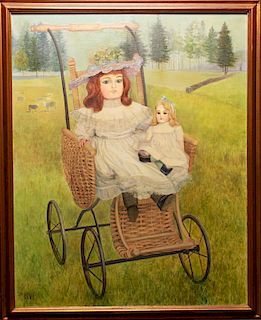 Levi "Girl w Doll In Wicker Carriage Oil on Canvas