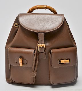 Gucci Brown Leather & Bamboo Motif Backpack