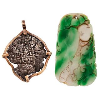 Carved Jade and An Ancient Coin Pendant 
