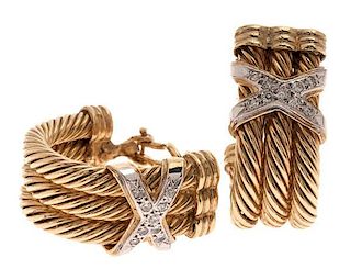 Large "J" Hoop Earrings in 14 Karat Gold with Diamonds  