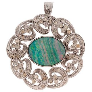 Opal and Diamond "Swirl" Pendant in 14 Karat White Gold 