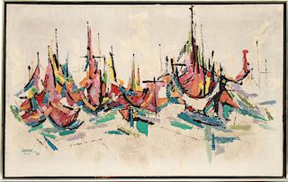 Illegibly Signed Modern Sailboats Oil on Canvas