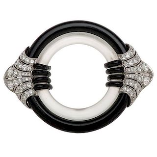Brooch with Diamonds, Onyx and Quartz in 14 Karat White Gold 