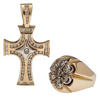 Ring and Cross Pendant in 14 Karat Gold with Diamonds 