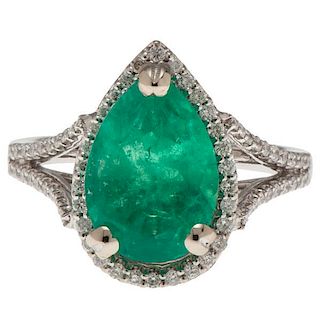 Emerald and Diamond Ring in 14 Karat White Gold 