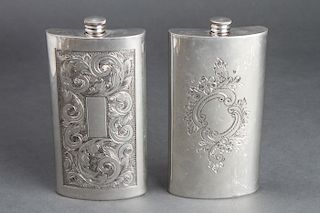 Hoffritz English Pewter Scroll Engraved Flasks, 2