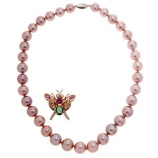 A Colorful Moth Brooch in 14 Karat PLUS a Pink Pearl Strand 
