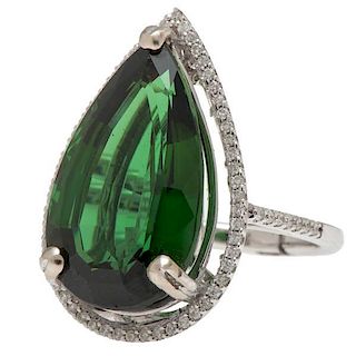 Ring in 14 Karat White Gold with a 13.5 Carat Tourmaline and Diamonds 