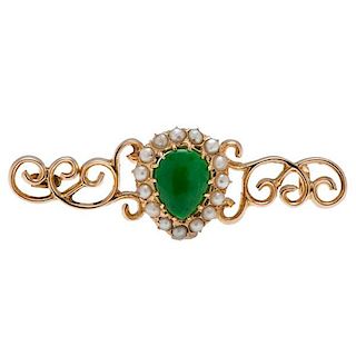 Mason-Kay Certified "A" Jade Brooch with Pearls in 14 Karat Yellow Gold 