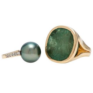 Emerald and Pearl Rings in Karat Gold 