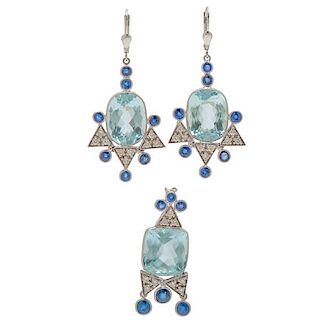 Aquamarine, Diamond and Sapphire Earrings and Pendant  