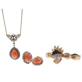 Coral Earrings and Pendant with a Sapphire and Diamond Bracelet 