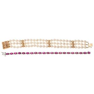 Bracelets with Pearls, Diamonds and Rubies in 14 Karat Gold 