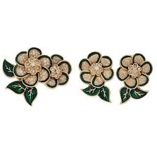 Matching Brooch and Earrings in 18 Karat with Diamonds and Enamel 