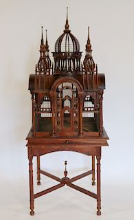 Vintage Carved Mahogany Birdcage On Stand.