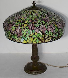 HANDEL. Gilt Metal Table Lamp And Leaded Shade.