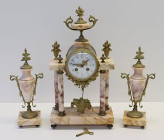 Antique Bronze And Marble Clock Garniture Set.