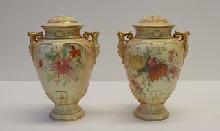 Pair  19th Century Royal Worcester Porcelain Urns