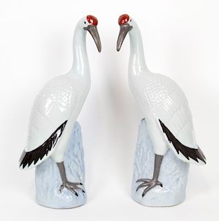 Pair of Porcelain Cranes Marked "Fujian Hall."