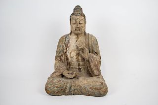 A Polychrome and Wood Buddha.