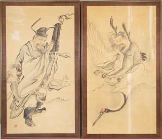 Two Japanese Paintings Mounted as Screen Panels.