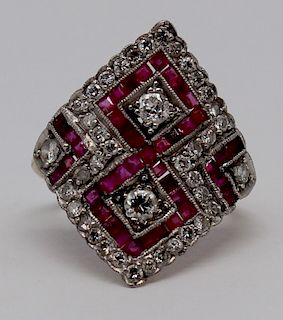 JEWELRY. Art Deco 18kt Gold Diamond and Ruby Ring.
