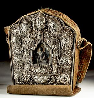 20th C. Tibetan Copper Gau Prayer Box w/ Cloth Case