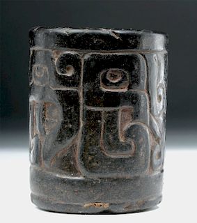 Important Chavin Carved Stone Cup - Feline & Serpent
