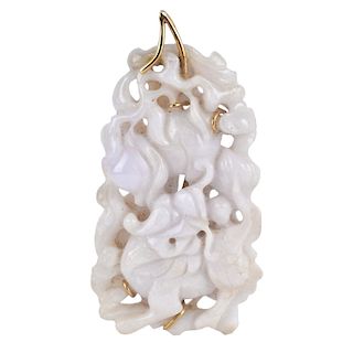 Chinese Carved White Jade and 14K Pendant