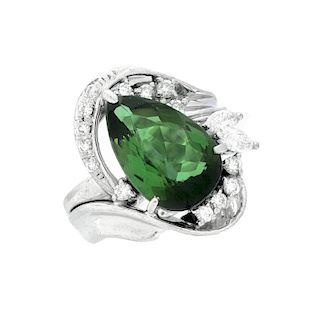 Green Tourmaline, Diamond and Platinum Ring