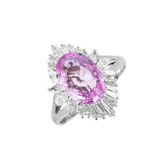 Pink Sapphire, Diamond and Platinum Ring.