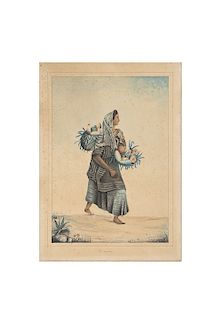 Vendedora de Frutas "Mexicaine". Mediado del Siglo XIX. Acuarela sobre papel, 24.5 x 17.5 cm. Ex Libris de Antonio Castro Leal.