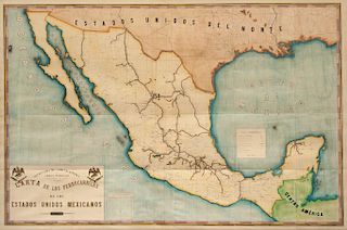 Carta de los Ferrocarriles de los Estados Unidos Mexicanos. México, ca. 1900. Mapa coloreado, 59 x 86.5 cm. Enmarcado.