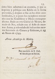 Núñez de Haro y Peralta, Alonso. Sobre Sermón de Fray Servando de Teresa y Mier. México,1795. Rúbrica de Alonso Núñez de Haro y Peralta