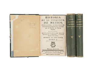 Solís, Antonio de. Historia de la Conquista de México, Población y Progresos de la América Septentrional. Madrid: 1780. Piezas: 3.