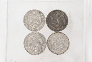 8 Reales. México: 1852, 1863, 1869 y 1894. Monedas, en plata, 38 mm. piezas: 4.