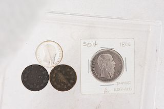 Monedas y Medalla, Segundo Imperio Mexicano. Moneda de 50 centavos / 1 peso / 1 Centavo. Pzs: 4.