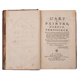 Watin, Jean Felix. L'Art du Peintre, Doreur, Vernisseur. Paris: Chez F. J. Desoer, 1787. 8o. marquilla, XXXII + 380 p. Ovrage utile ...
