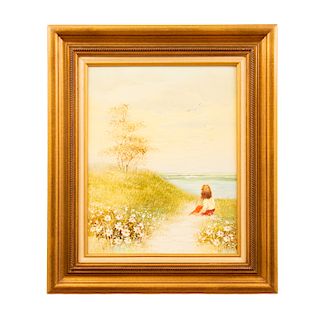M. Gibson. Niña frente al mar. Firmado. Óleo sobre tela. Enmarcado en madera dorada. 49 x 39 cm.