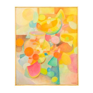 Aurelio Pescina. Bodegón abstracto. Firmado. Óleo sobre tela. Enmarcado en madera dorada. Dimensiones: 50 x 40 cm.