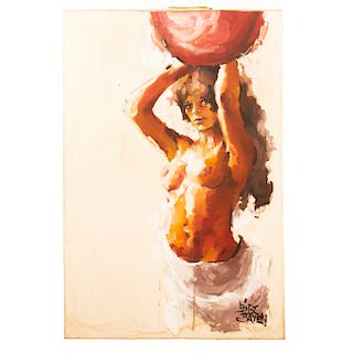 Lisandro López Baylon. Mujer semidesnuda. Firmado. Óleo sobre tela. Sin enmarcar. Dimensiones: 105 x 70 cm.