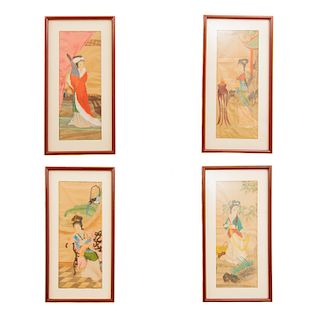 Lote 4 paneles pictóricos. Anónimos. Escenas orientales de mujeres con instrumento musical, con inscensario, con ave y Mujer tejedora.