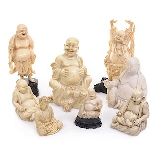 Colección de 8 Budas. Origen oriental. SXX. Elaborados en pasta y polvo de alabastro. Consta de: 7 Budas-Hotei y un Príncipe Siddharta.