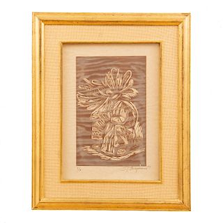 Raúl Anguiano. Campesino. Firmado y fechado '77. Xilografía P/A. Enmarcado en madera dorada. Dimensiones: 38 x 27 cm.