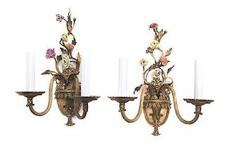 A Pair of French Porcelain Mounted Gilt Bronze Two-Light Sconces, Height 13 inches.