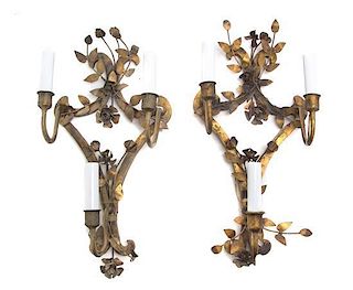 A Pair of Gilt Metal Three-Light Sconces, Height 19 inches.