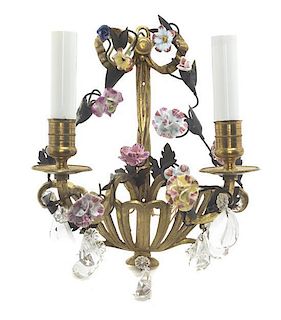 A French Gilt Bronze Porcelain and Glass Two-Light Sconce, Height 9 1/2 inches.