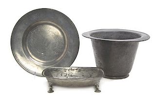 Three Pewter Articles, Diameter of charger 12 inches.