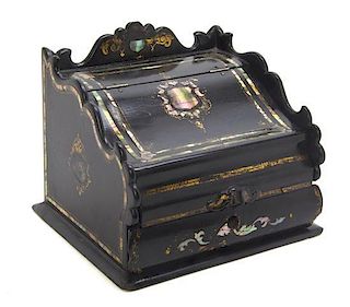 A Victorian Mother-of-Pearl Inlaid Papier Mache Letter Box, Height 7 1/2 x width 9 x depth 8 1/4 inches.