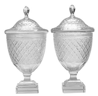 Pair of Cut Glass Covered Urns